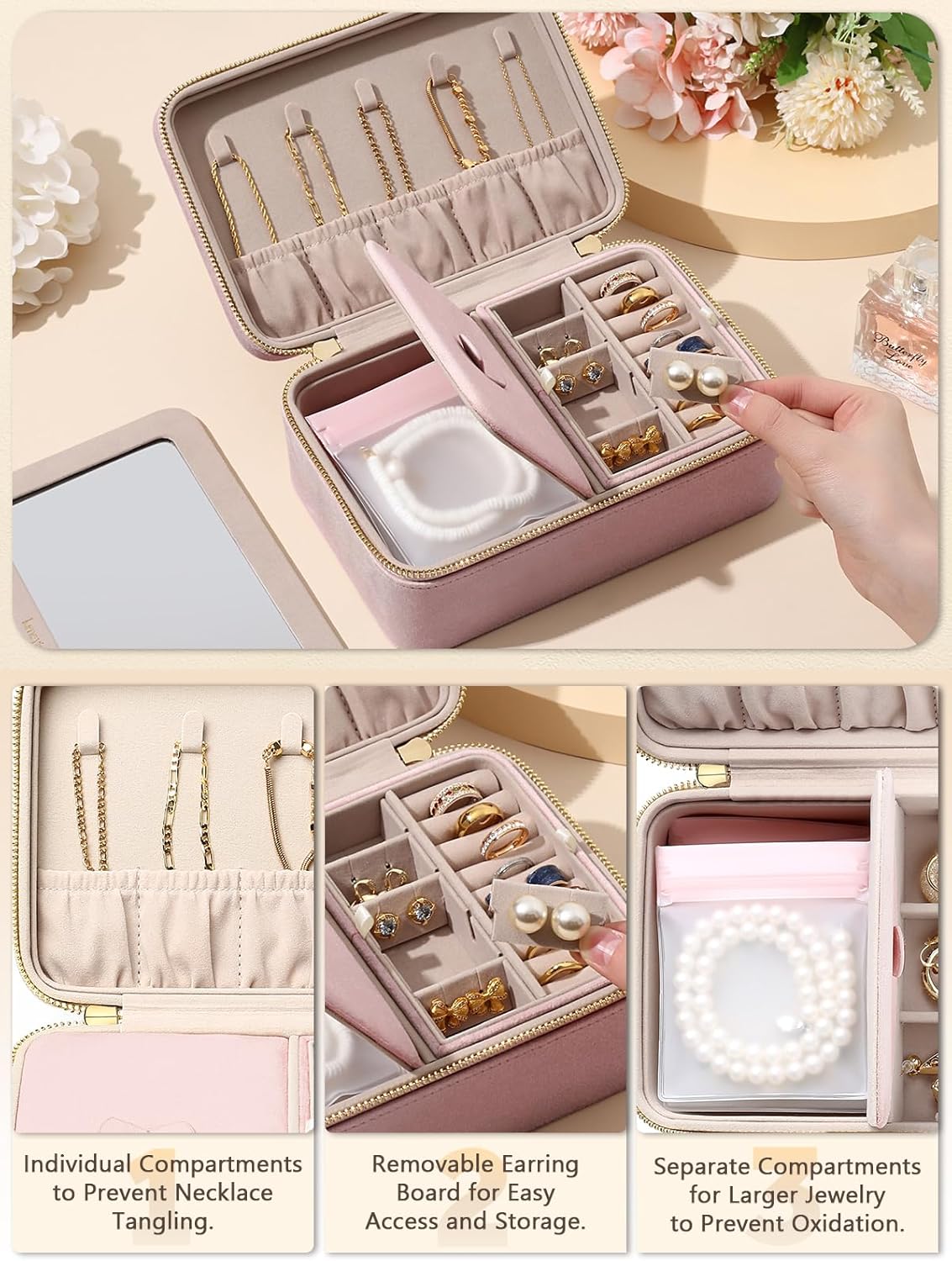 Velvet Travel Jewelry Box with Large Mirror, Double-Layer Jewelry Organizer Case for Women and Girls, Portable Storage Case with 6 Anti-Tarnish Bags Gift Ready for Her (Avocado Green)