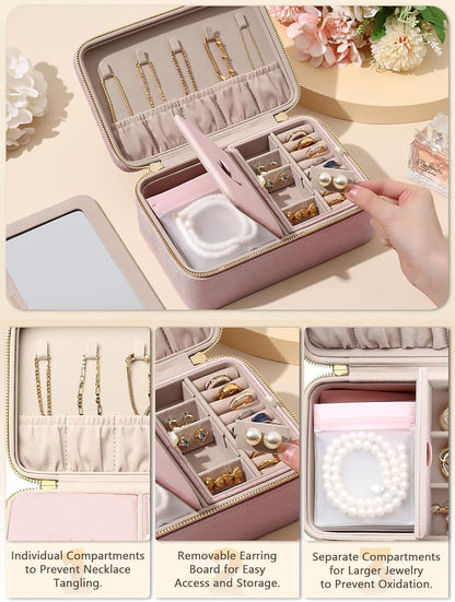 Velvet Travel Jewelry Box with Large Mirror, Double-Layer Jewelry Organizer Case for Women and Girls, Portable Storage Case with 6 Anti-Tarnish Bags Gift Ready for Her (Avocado Green)