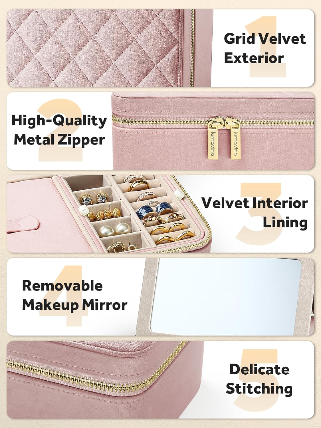 Velvet Travel Jewelry Box with Large Mirror, Double-Layer Jewelry Organizer Case for Women and Girls, Portable Storage Case with 6 Anti-Tarnish Bags Gift Ready for Her (Avocado Green)
