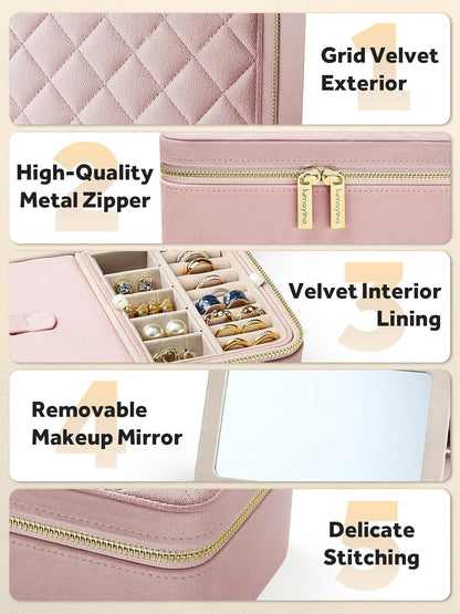 Velvet Travel Jewelry Box with Large Mirror, Double-Layer Jewelry Organizer Case for Women and Girls, Portable Storage Case with 6 Anti-Tarnish Bags Gift Ready for Her (Avocado Green)