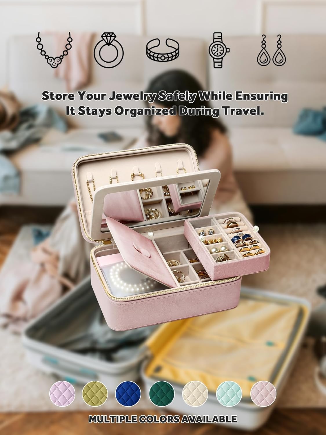 Velvet Travel Jewelry Box with Large Mirror, Double-Layer Jewelry Organizer Case for Women and Girls, Portable Storage Case with 6 Anti-Tarnish Bags Gift Ready for Her (Avocado Green)