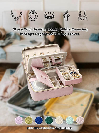 Velvet Travel Jewelry Box with Large Mirror, Double-Layer Jewelry Organizer Case for Women and Girls, Portable Storage Case with 6 Anti-Tarnish Bags Gift Ready for Her (Avocado Green)