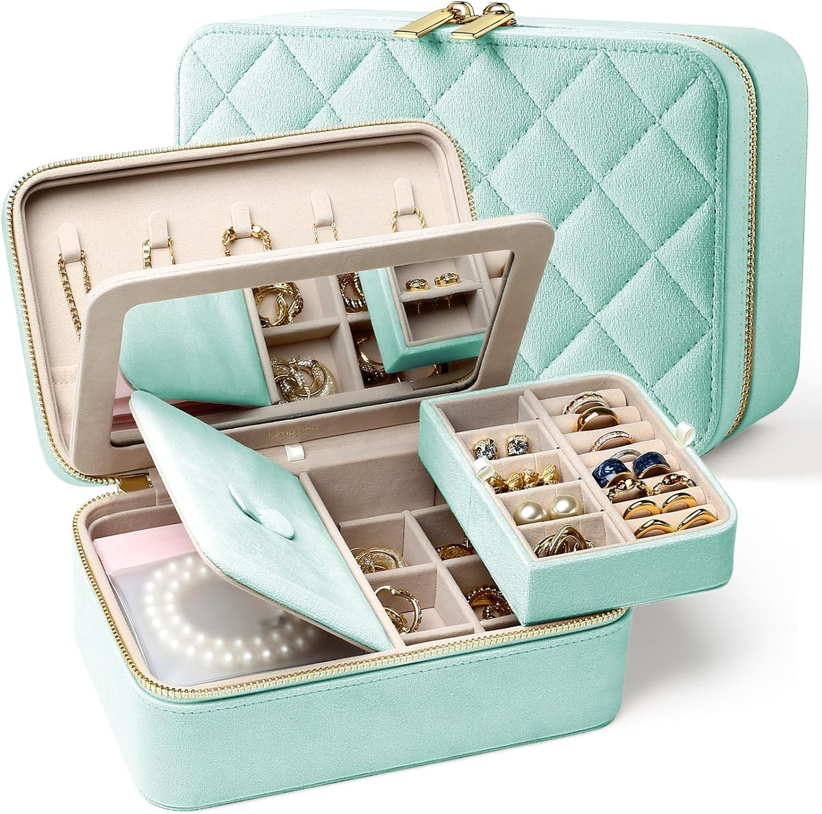 Velvet Travel Jewelry Box with Large Mirror, Double-Layer Jewelry Organizer Case for Women and Girls, Portable Storage Case with 6 Anti-Tarnish Bags Gift Ready for Her (Avocado Green)