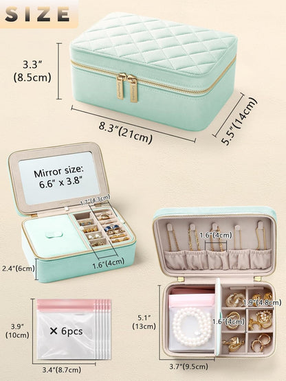 Velvet Travel Jewelry Box with Large Mirror, Double-Layer Jewelry Organizer Case for Women and Girls, Portable Storage Case with 6 Anti-Tarnish Bags Gift Ready for Her (Avocado Green)