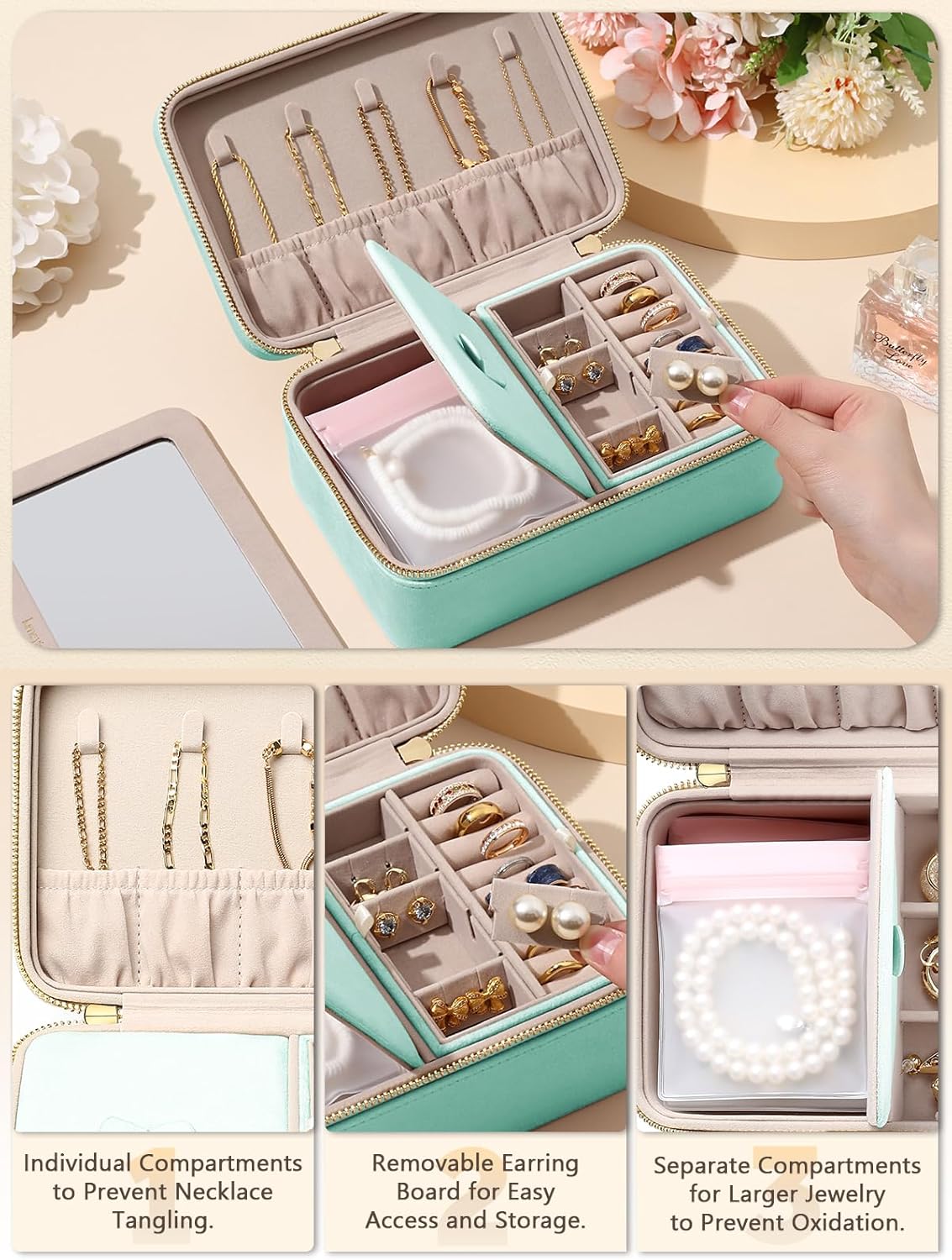 Velvet Travel Jewelry Box with Large Mirror, Double-Layer Jewelry Organizer Case for Women and Girls, Portable Storage Case with 6 Anti-Tarnish Bags Gift Ready for Her (Avocado Green)