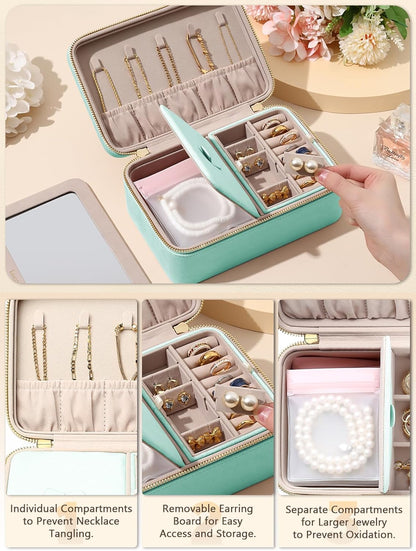Velvet Travel Jewelry Box with Large Mirror, Double-Layer Jewelry Organizer Case for Women and Girls, Portable Storage Case with 6 Anti-Tarnish Bags Gift Ready for Her (Avocado Green)