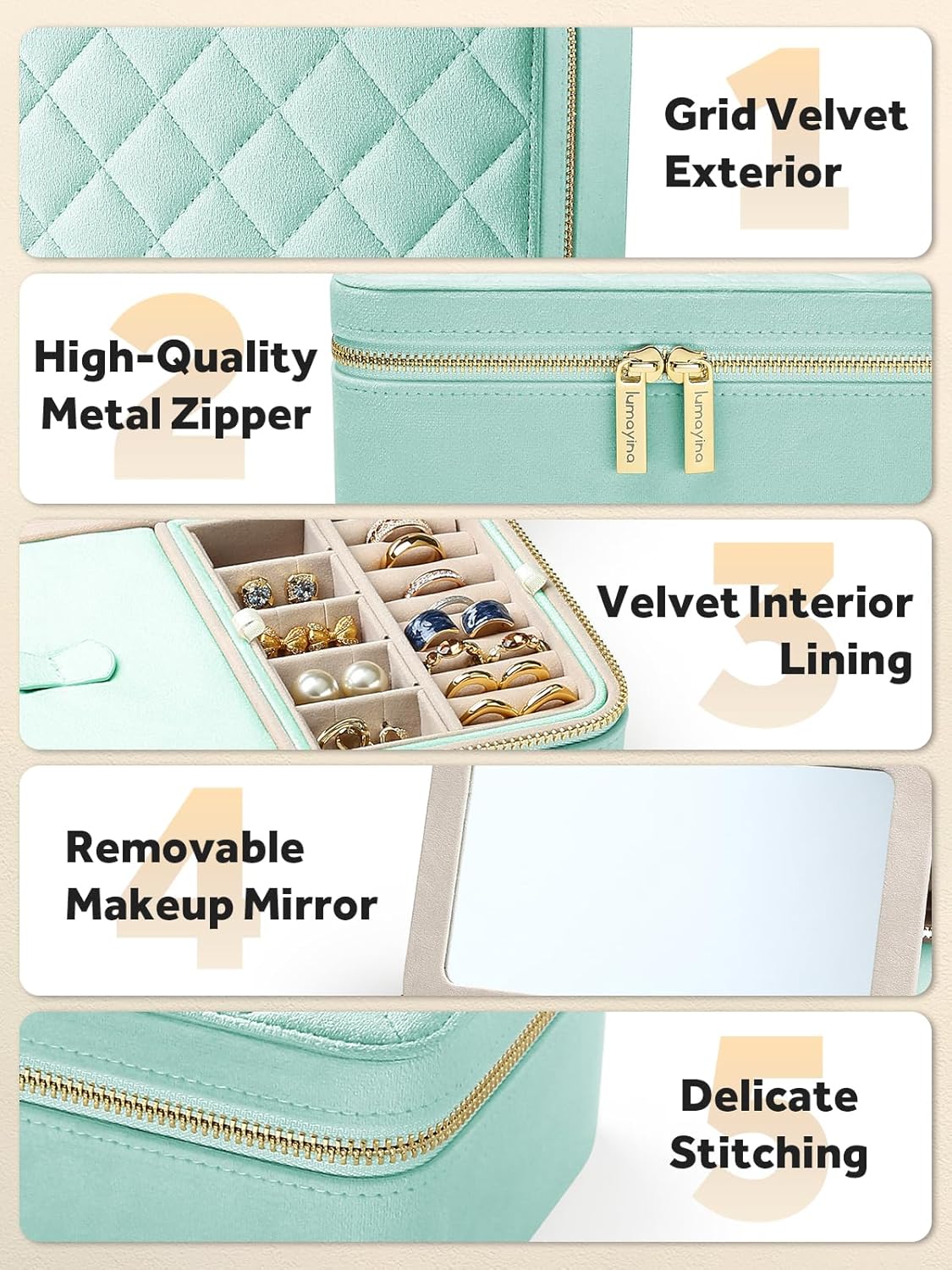 Velvet Travel Jewelry Box with Large Mirror, Double-Layer Jewelry Organizer Case for Women and Girls, Portable Storage Case with 6 Anti-Tarnish Bags Gift Ready for Her (Avocado Green)