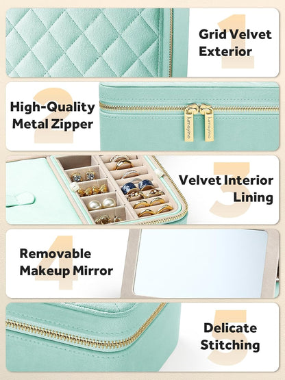 Velvet Travel Jewelry Box with Large Mirror, Double-Layer Jewelry Organizer Case for Women and Girls, Portable Storage Case with 6 Anti-Tarnish Bags Gift Ready for Her (Avocado Green)