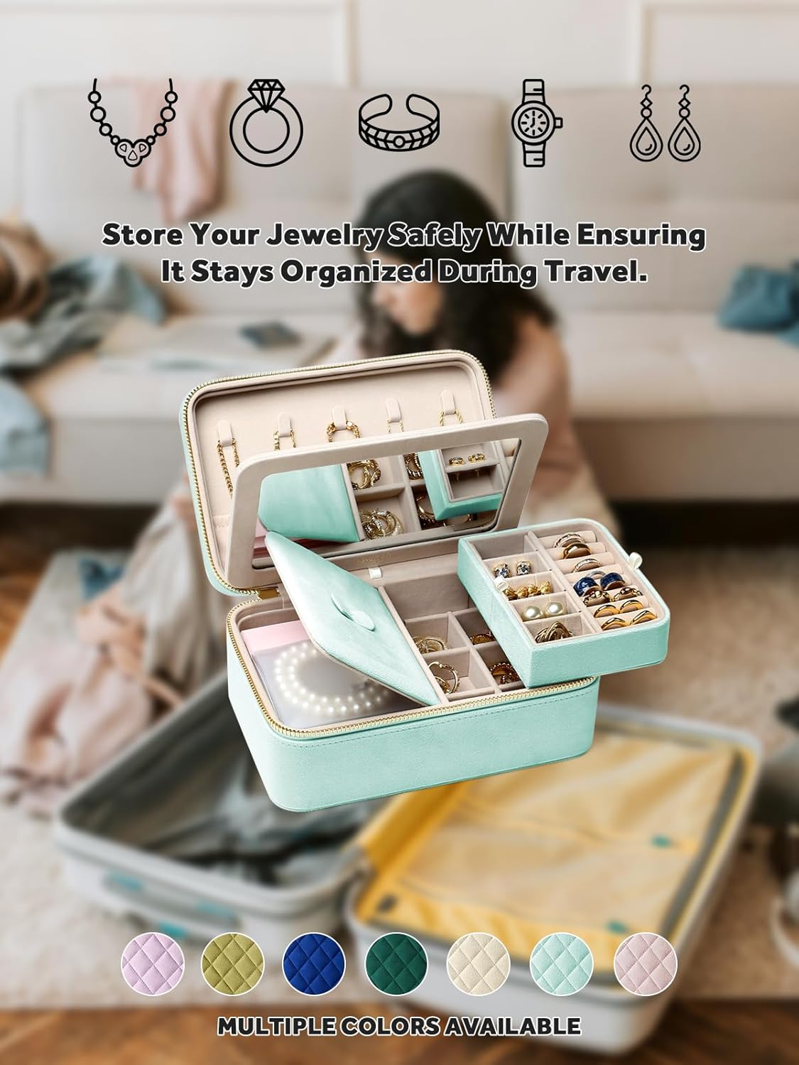 Velvet Travel Jewelry Box with Large Mirror, Double-Layer Jewelry Organizer Case for Women and Girls, Portable Storage Case with 6 Anti-Tarnish Bags Gift Ready for Her (Avocado Green)