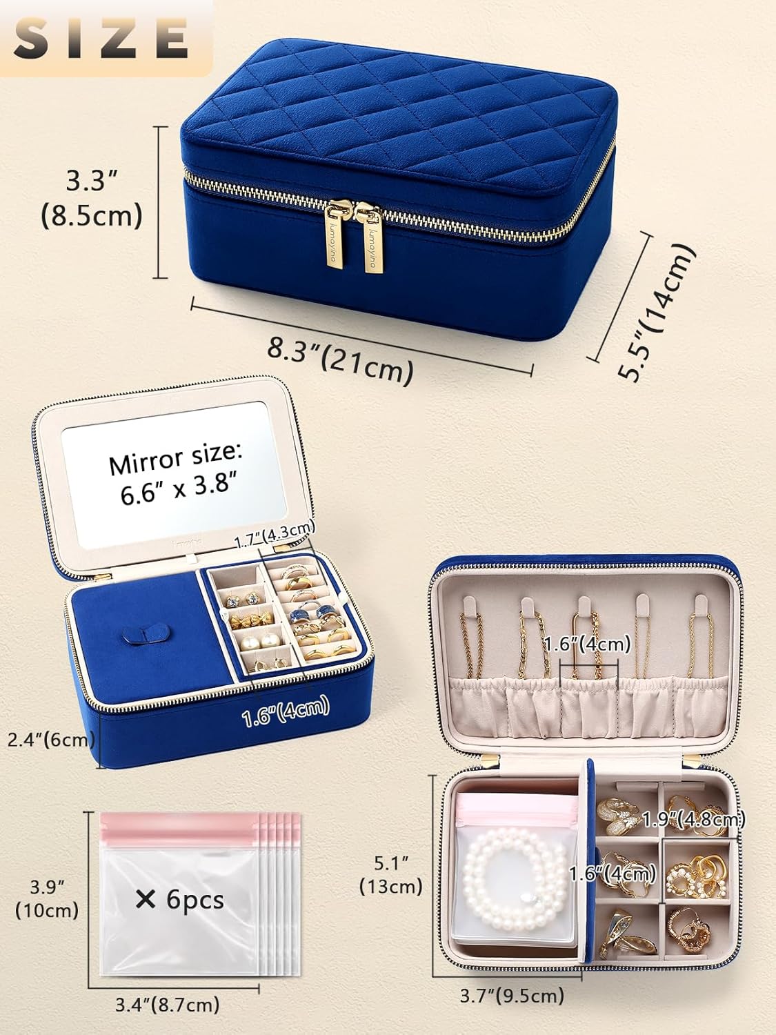 Velvet Travel Jewelry Box with Large Mirror, Double-Layer Jewelry Organizer Case for Women and Girls, Portable Storage Case with 6 Anti-Tarnish Bags Gift Ready for Her (Avocado Green)