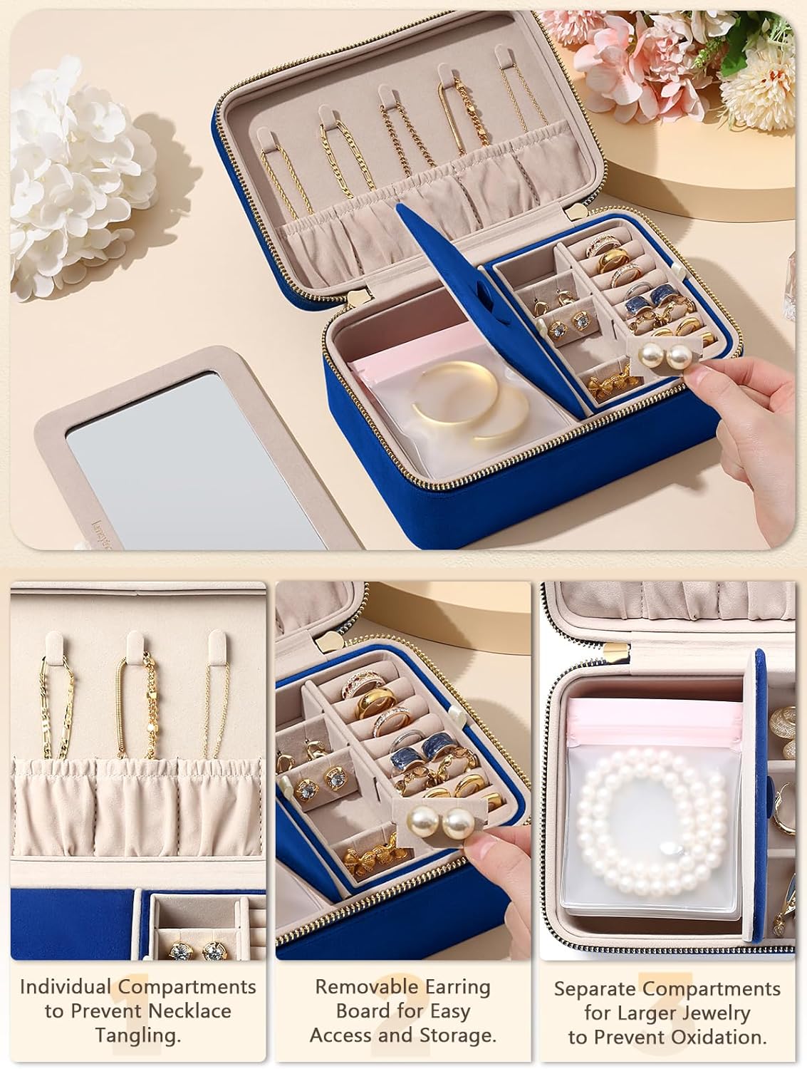 Velvet Travel Jewelry Box with Large Mirror, Double-Layer Jewelry Organizer Case for Women and Girls, Portable Storage Case with 6 Anti-Tarnish Bags Gift Ready for Her (Avocado Green)