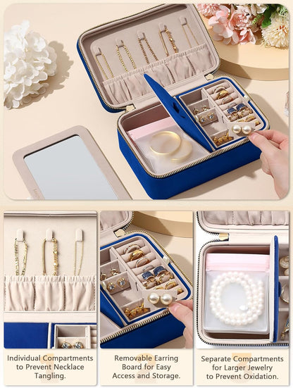 Velvet Travel Jewelry Box with Large Mirror, Double-Layer Jewelry Organizer Case for Women and Girls, Portable Storage Case with 6 Anti-Tarnish Bags Gift Ready for Her (Avocado Green)