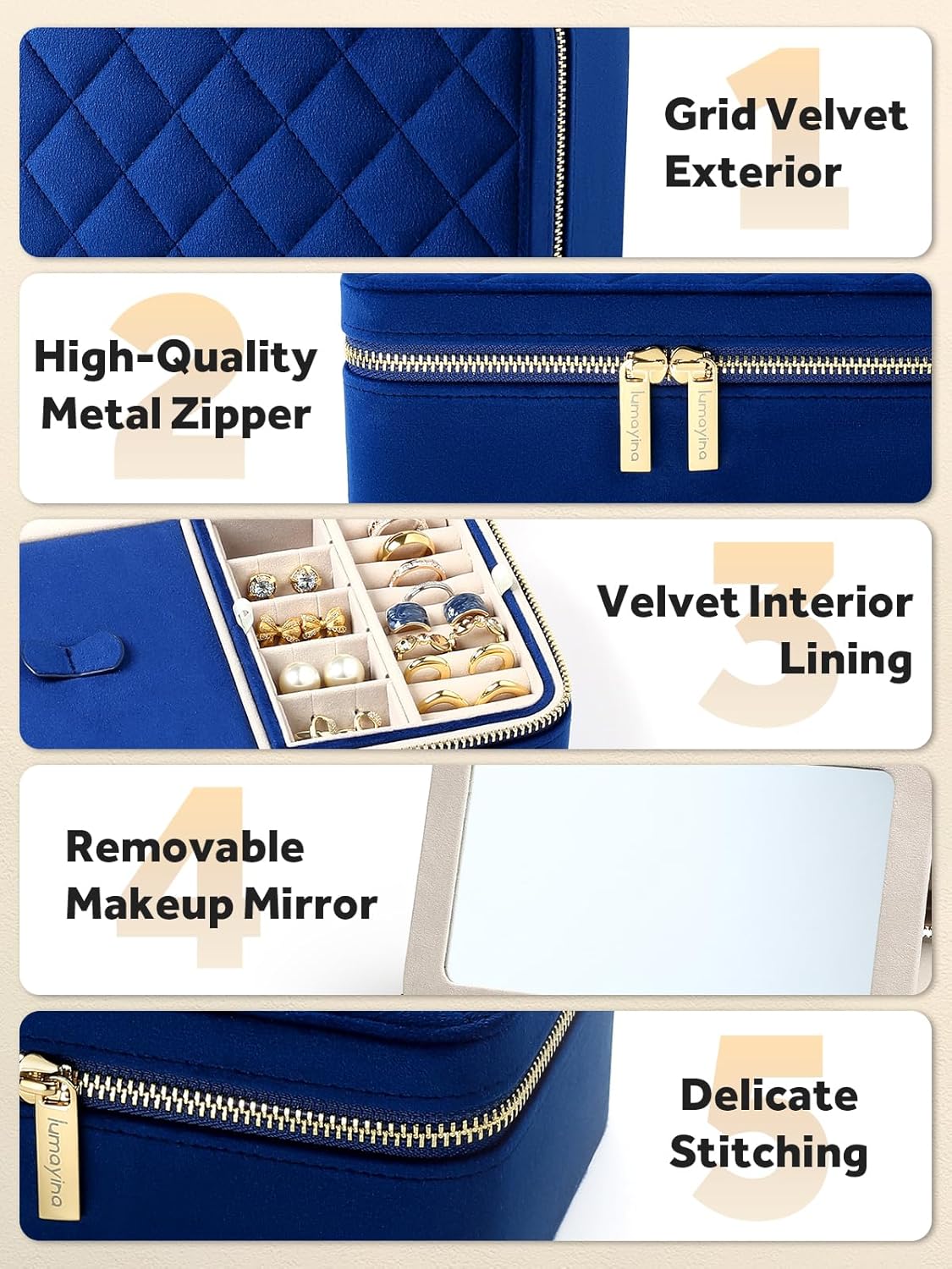 Velvet Travel Jewelry Box with Large Mirror, Double-Layer Jewelry Organizer Case for Women and Girls, Portable Storage Case with 6 Anti-Tarnish Bags Gift Ready for Her (Avocado Green)