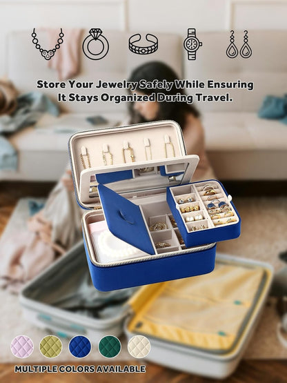 Velvet Travel Jewelry Box with Large Mirror, Double-Layer Jewelry Organizer Case for Women and Girls, Portable Storage Case with 6 Anti-Tarnish Bags Gift Ready for Her (Avocado Green)