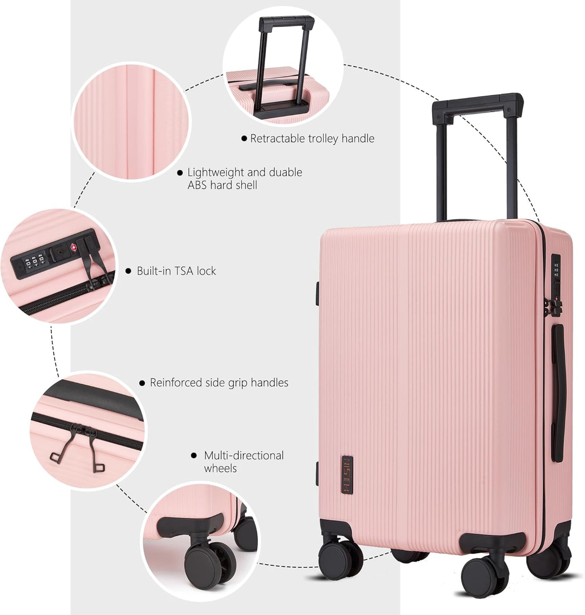 Hulsin Carry On Luggage with TSA Lock 22x14x9 Airline Approved for Women | Hardside Carry-on Suitcase with 360° Spinner Wheels, Lightweight Hard Shell 20 Inch Suitcase for Man,Airport,Business Travel