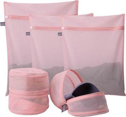 Laundry Bag Mesh Wash Bags, Washing Machine Wash Bag, Pink, 5 Pack | Zipper Closure, For Washing Machine & Dryer, For Delicates, Lingerie, Bra, Garments, Net Washer Sack Pouch