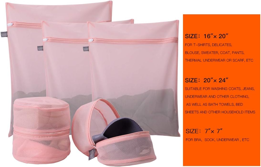 Laundry Bag Mesh Wash Bags, Washing Machine Wash Bag, Pink, 5 Pack | Zipper Closure, For Washing Machine & Dryer, For Delicates, Lingerie, Bra, Garments, Net Washer Sack Pouch