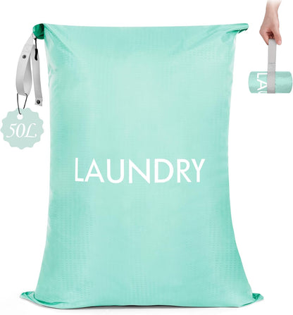 50L Travel Laundry Bag with Zipper, Heavy Duty & Odor-Proof Washable Nylon Sack for Dirty Clothes, Space-Saving Luggage Organizer & Dorm Room Essential for College Girls, Pink