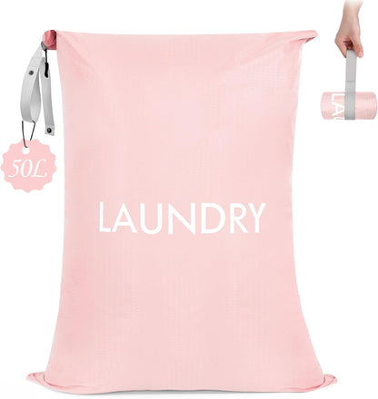 50L Travel Laundry Bag with Zipper, Heavy Duty & Odor-Proof Washable Nylon Sack for Dirty Clothes, Space-Saving Luggage Organizer & Dorm Room Essential for College Girls, Pink