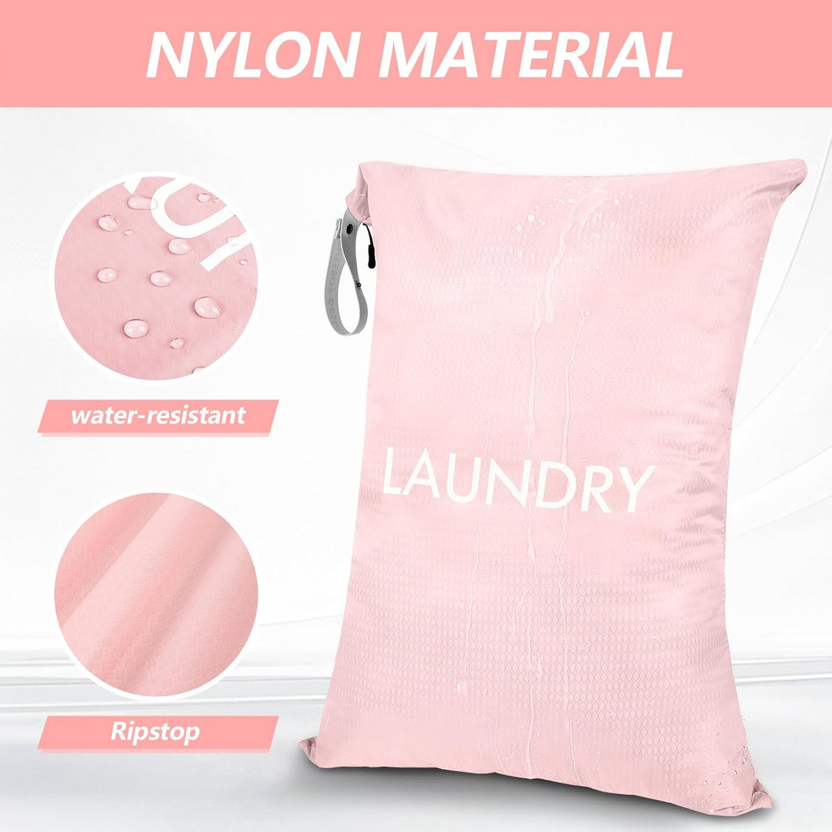 50L Travel Laundry Bag with Zipper, Heavy Duty & Odor-Proof Washable Nylon Sack for Dirty Clothes, Space-Saving Luggage Organizer & Dorm Room Essential for College Girls, Pink