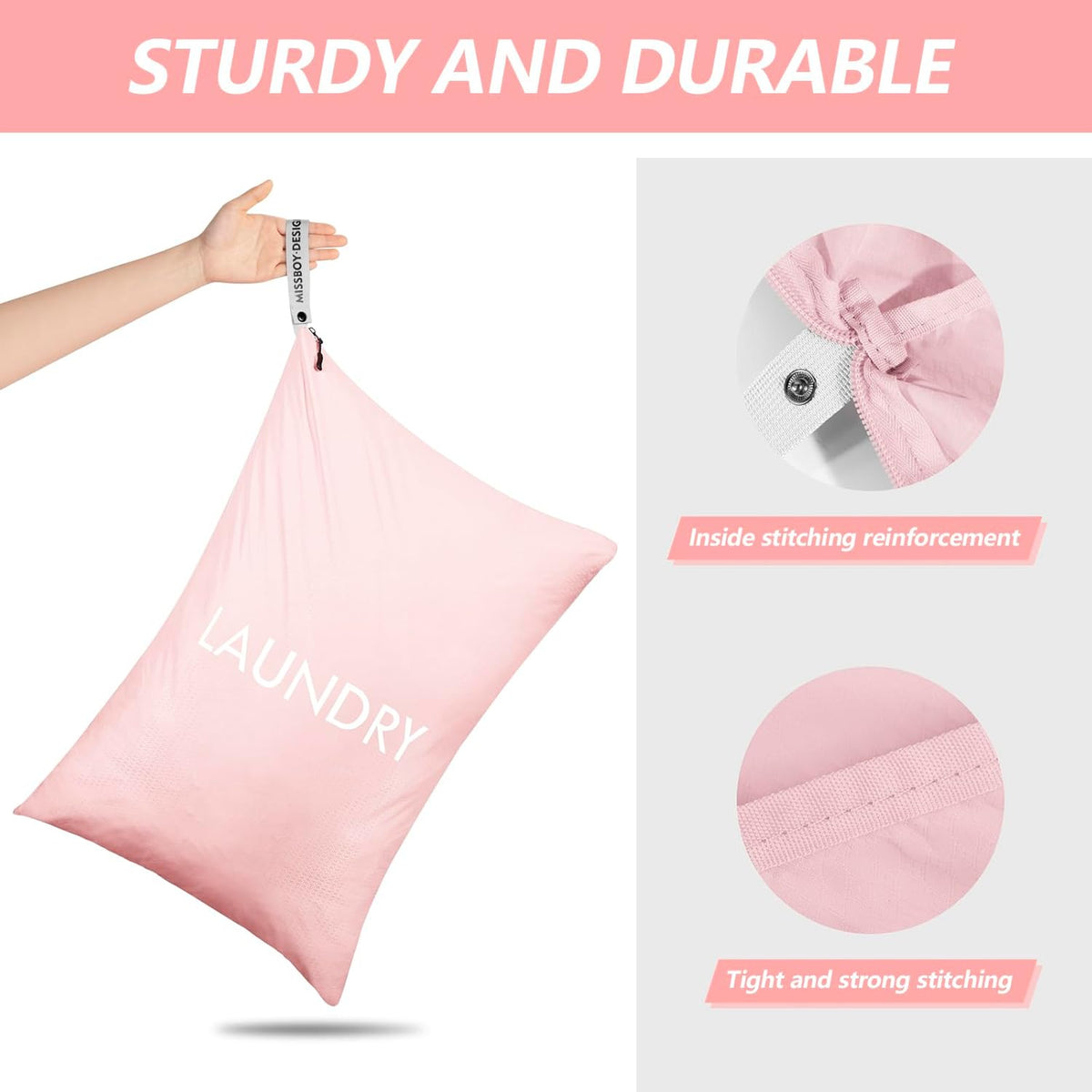 50L Travel Laundry Bag with Zipper, Heavy Duty & Odor-Proof Washable Nylon Sack for Dirty Clothes, Space-Saving Luggage Organizer & Dorm Room Essential for College Girls, Pink