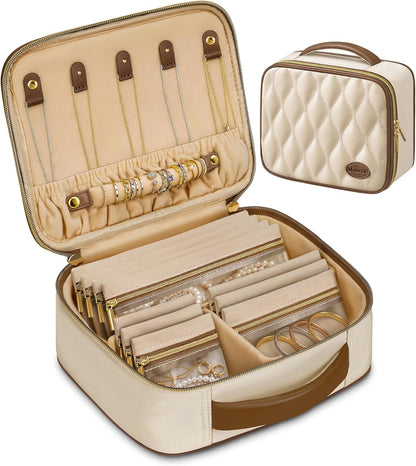 Travel Jewelry Case Organizer for Women with 10 Sorted Clear Pouches | with Tangle-Free Necklace Hooks and Ring Holder Strap, Quilted PU Leather Jewelry Storage Box, Birthday Bridesmaid Gifts