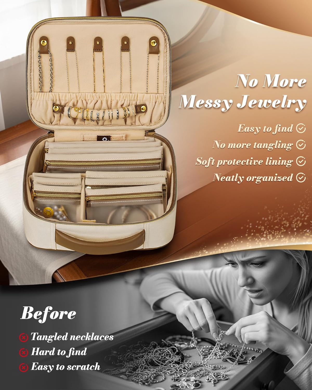 Travel Jewelry Case Organizer for Women with 10 Sorted Clear Pouches | with Tangle-Free Necklace Hooks and Ring Holder Strap, Quilted PU Leather Jewelry Storage Box, Birthday Bridesmaid Gifts