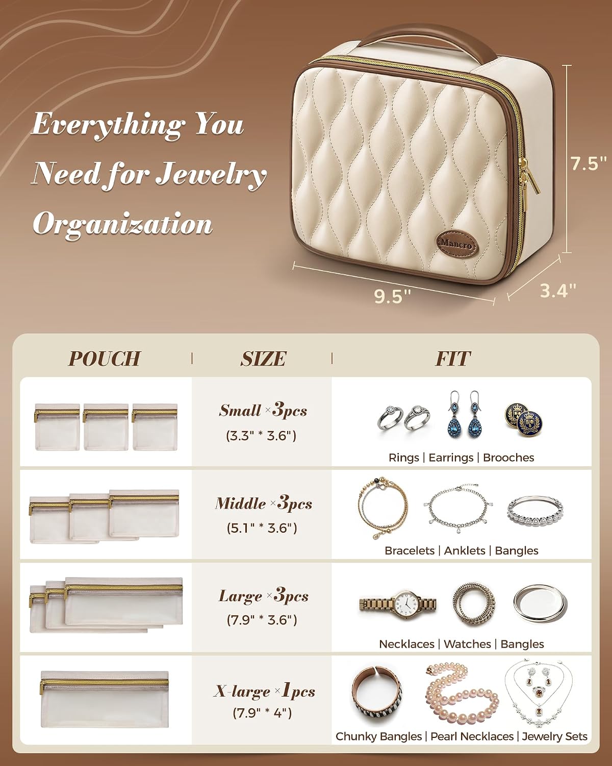 Travel Jewelry Case Organizer for Women with 10 Sorted Clear Pouches | with Tangle-Free Necklace Hooks and Ring Holder Strap, Quilted PU Leather Jewelry Storage Box, Birthday Bridesmaid Gifts