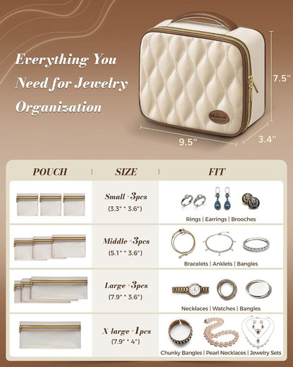 Travel Jewelry Case Organizer for Women with 10 Sorted Clear Pouches | with Tangle-Free Necklace Hooks and Ring Holder Strap, Quilted PU Leather Jewelry Storage Box, Birthday Bridesmaid Gifts