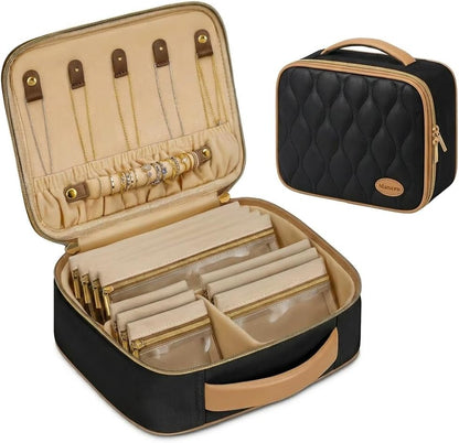 Travel Jewelry Case Organizer for Women with 10 Sorted Clear Pouches | with Tangle-Free Necklace Hooks and Ring Holder Strap, Quilted PU Leather Jewelry Storage Box, Birthday Bridesmaid Gifts