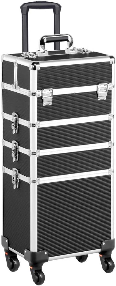 4-in-1 Rolling Makeup Train Case Aluminum Cosmetic Trolley Pink | Lockable aluminum frame with fold-out trays stores all your cosmetology supplies, rolls smoothly for travel school or clients