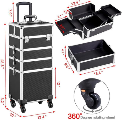 4-in-1 Rolling Makeup Train Case Aluminum Cosmetic Trolley Pink | Lockable aluminum frame with fold-out trays stores all your cosmetology supplies, rolls smoothly for travel school or clients