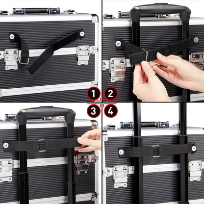 4-in-1 Rolling Makeup Train Case Aluminum Cosmetic Trolley Pink | Lockable aluminum frame with fold-out trays stores all your cosmetology supplies, rolls smoothly for travel school or clients