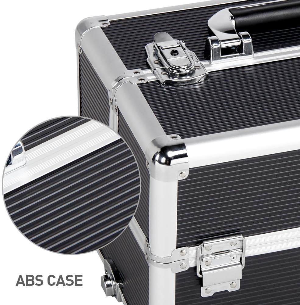 4-in-1 Rolling Makeup Train Case Aluminum Cosmetic Trolley Pink | Lockable aluminum frame with fold-out trays stores all your cosmetology supplies, rolls smoothly for travel school or clients