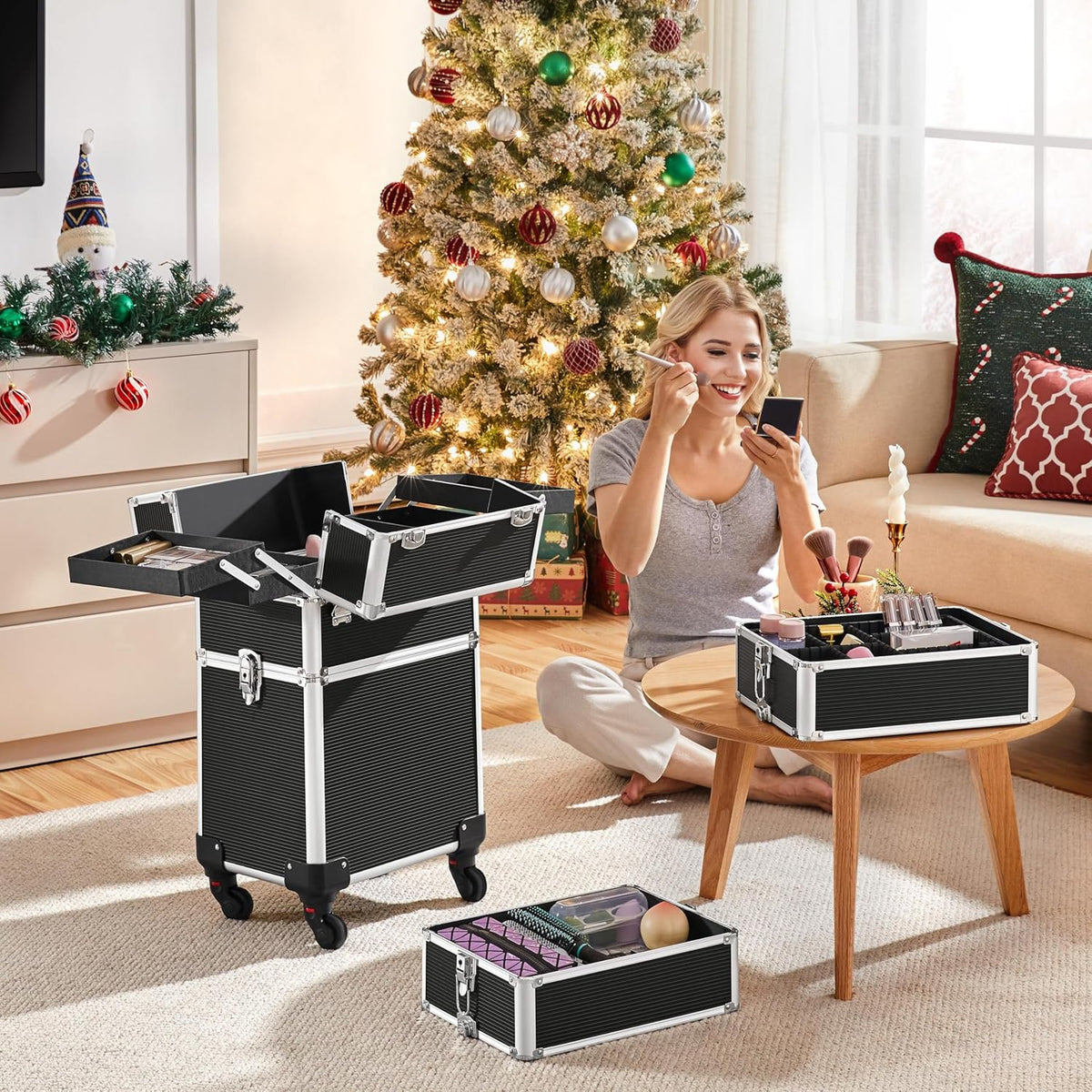 4-in-1 Rolling Makeup Train Case Aluminum Cosmetic Trolley Pink | Lockable aluminum frame with fold-out trays stores all your cosmetology supplies, rolls smoothly for travel school or clients