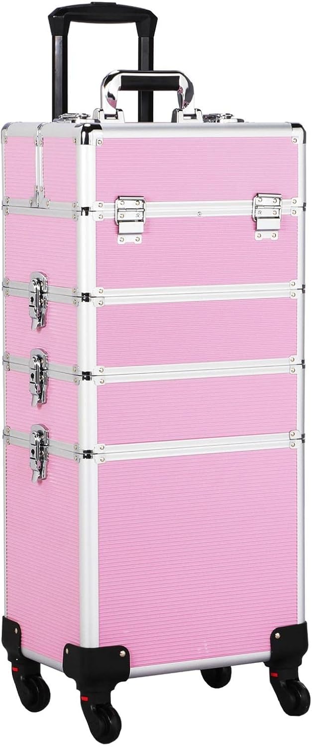 4-in-1 Rolling Makeup Train Case Aluminum Cosmetic Trolley Pink | Lockable aluminum frame with fold-out trays stores all your cosmetology supplies, rolls smoothly for travel school or clients