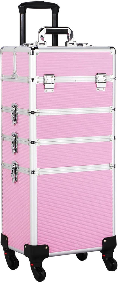 4-in-1 Rolling Makeup Train Case Aluminum Cosmetic Trolley Pink | Lockable aluminum frame with fold-out trays stores all your cosmetology supplies, rolls smoothly for travel school or clients