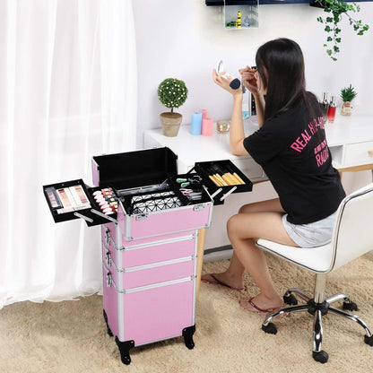 4-in-1 Rolling Makeup Train Case Aluminum Cosmetic Trolley Pink | Lockable aluminum frame with fold-out trays stores all your cosmetology supplies, rolls smoothly for travel school or clients