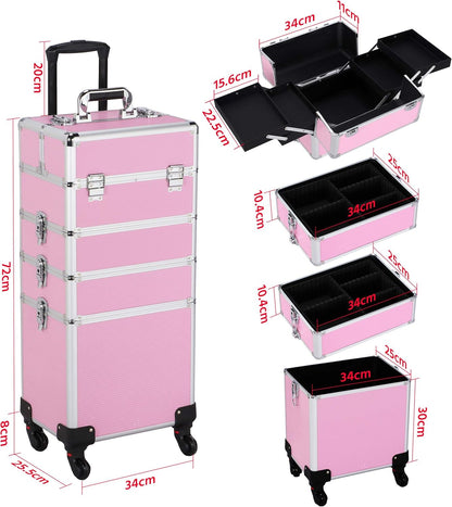 4-in-1 Rolling Makeup Train Case Aluminum Cosmetic Trolley Pink | Lockable aluminum frame with fold-out trays stores all your cosmetology supplies, rolls smoothly for travel school or clients