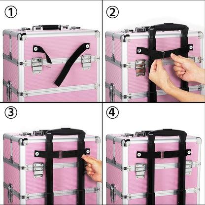 4-in-1 Rolling Makeup Train Case Aluminum Cosmetic Trolley Pink | Lockable aluminum frame with fold-out trays stores all your cosmetology supplies, rolls smoothly for travel school or clients