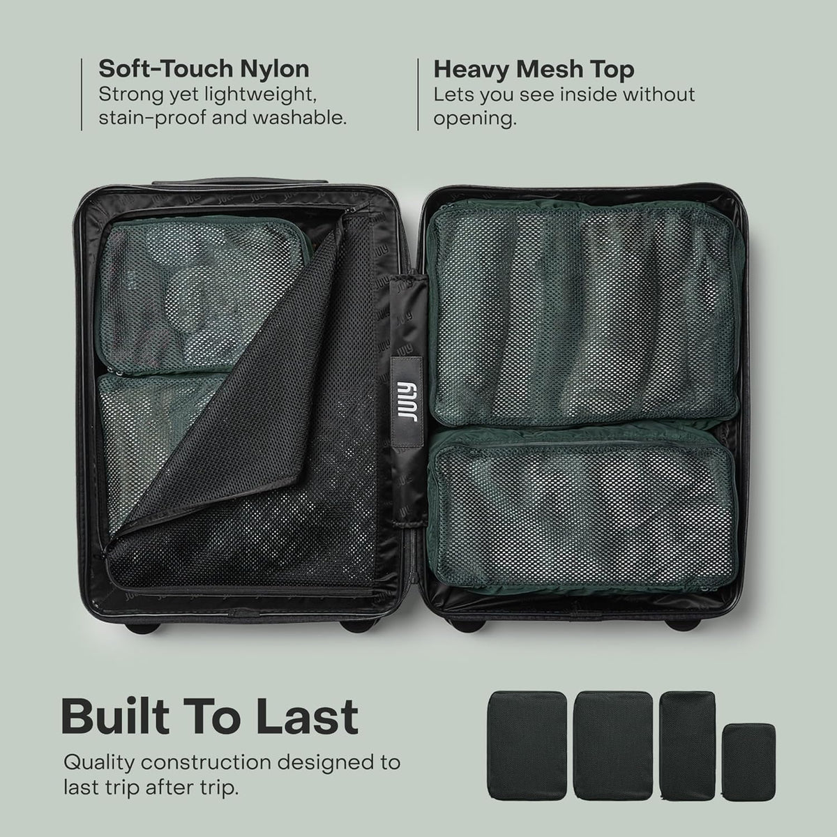 Packing Cells - 4 Set Packing Cubes Luggage Organizer Bags (S, M, 2 x L), Must-Have Suitcase Organizer for Travel, Road Trip & Camping Accessories, Stain-proof, Washable, 3 Sizes - Forest