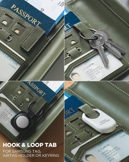 RFID Blocking Leather Passport & Card Holder, Dual Person Travel Passport Wallet with Secure Magnetic Closure, Green