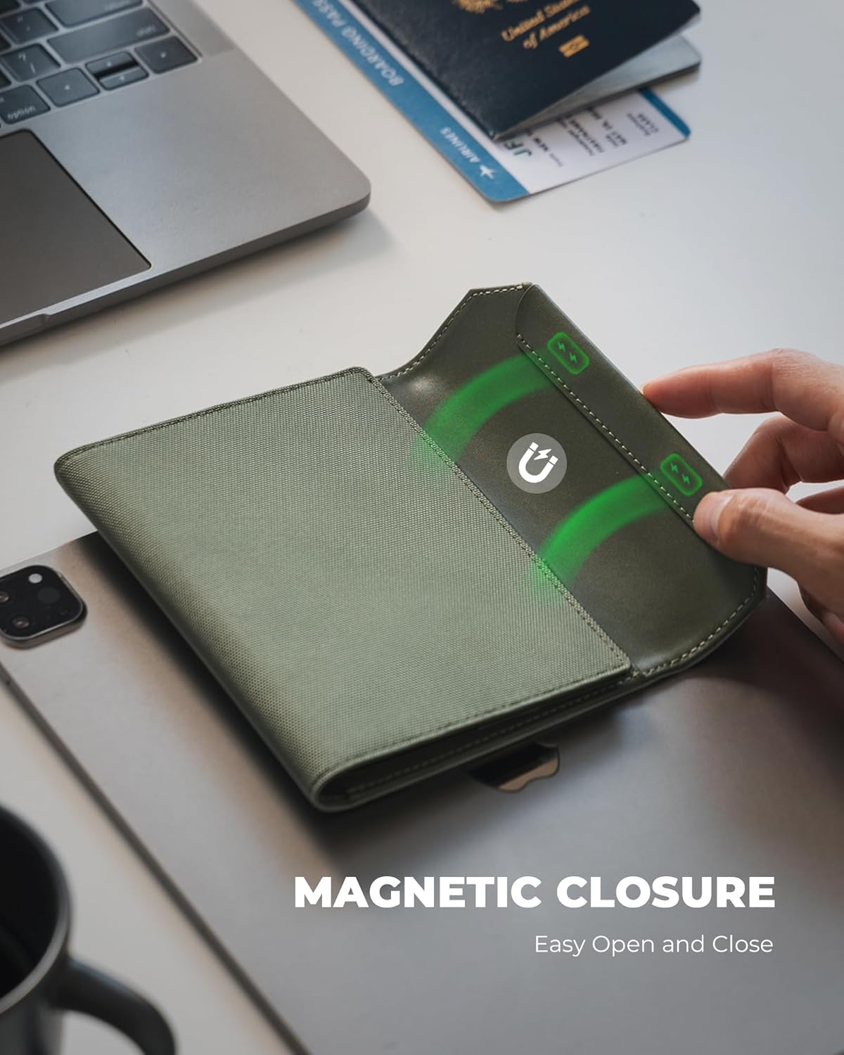 RFID Blocking Leather Passport & Card Holder, Dual Person Travel Passport Wallet with Secure Magnetic Closure, Green