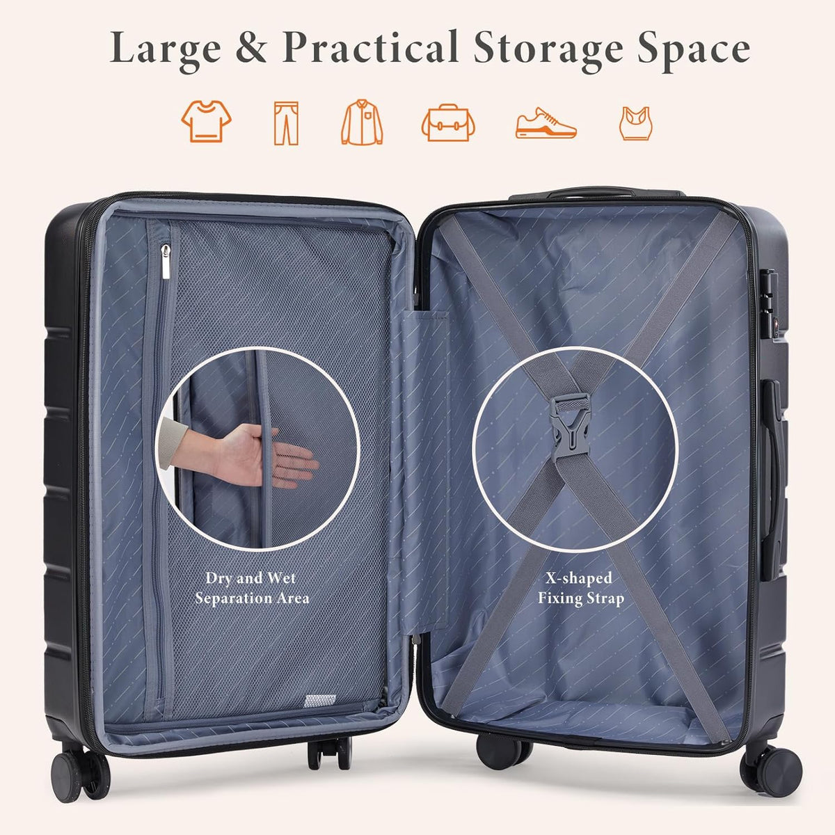 Carry on Luggage, Hard Shell ABS Suitcase with Double Spinner Wheels, Lightweight Expandable Rolling Suit Case with TSA Lock, 21 Inch Charcoal Black