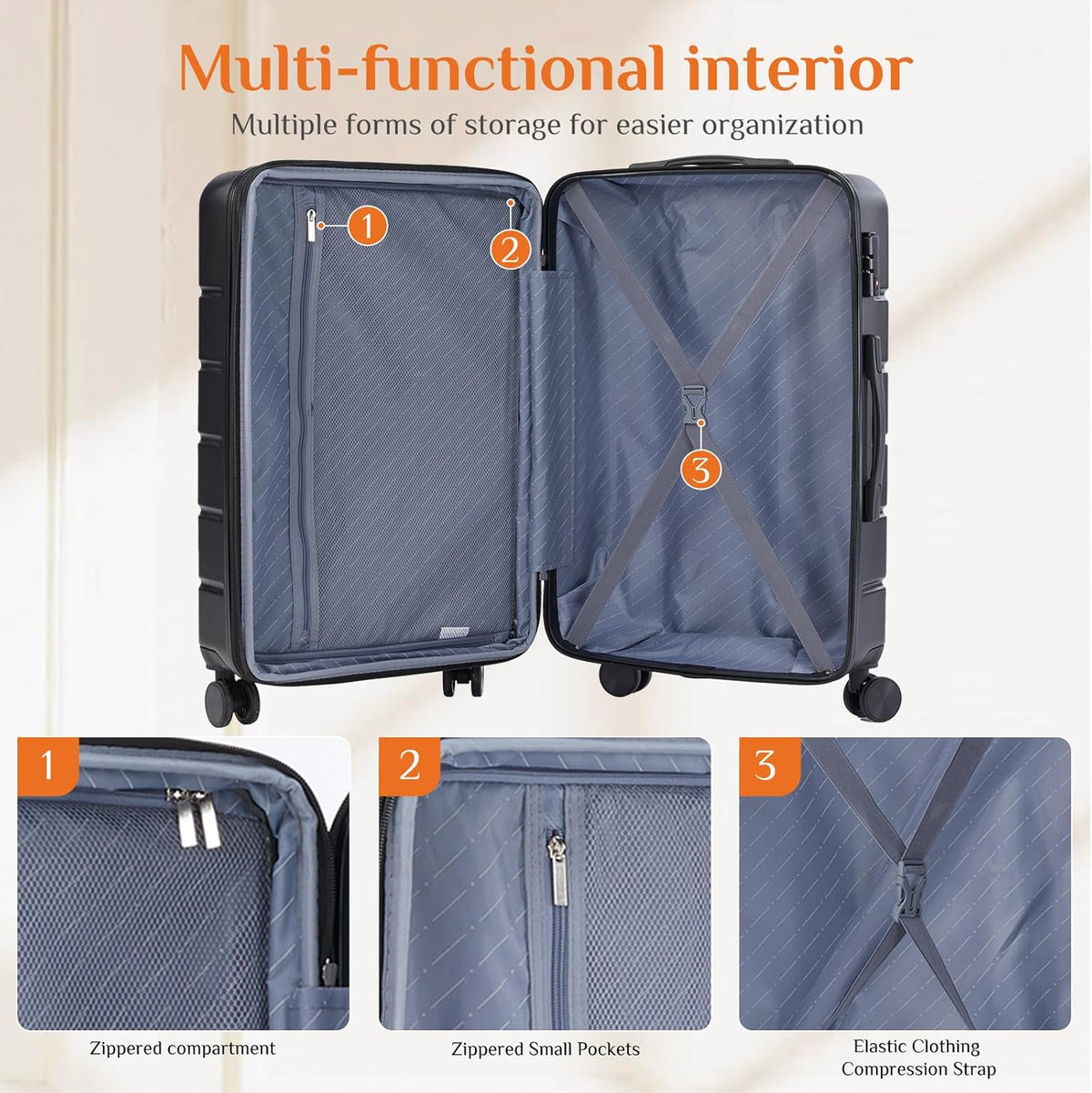 Carry on Luggage, Hard Shell ABS Suitcase with Double Spinner Wheels, Lightweight Expandable Rolling Suit Case with TSA Lock, 21 Inch Charcoal Black