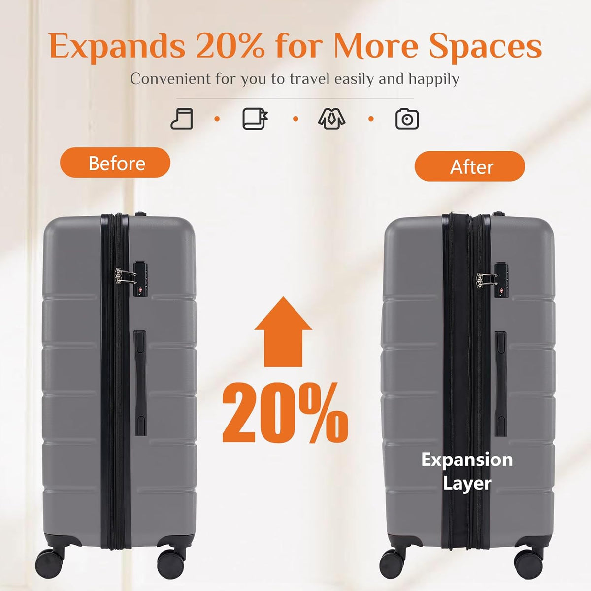 Carry on Luggage, Hard Shell ABS Suitcase with Double Spinner Wheels, Lightweight Expandable Rolling Suit Case with TSA Lock, 21 Inch Charcoal Black