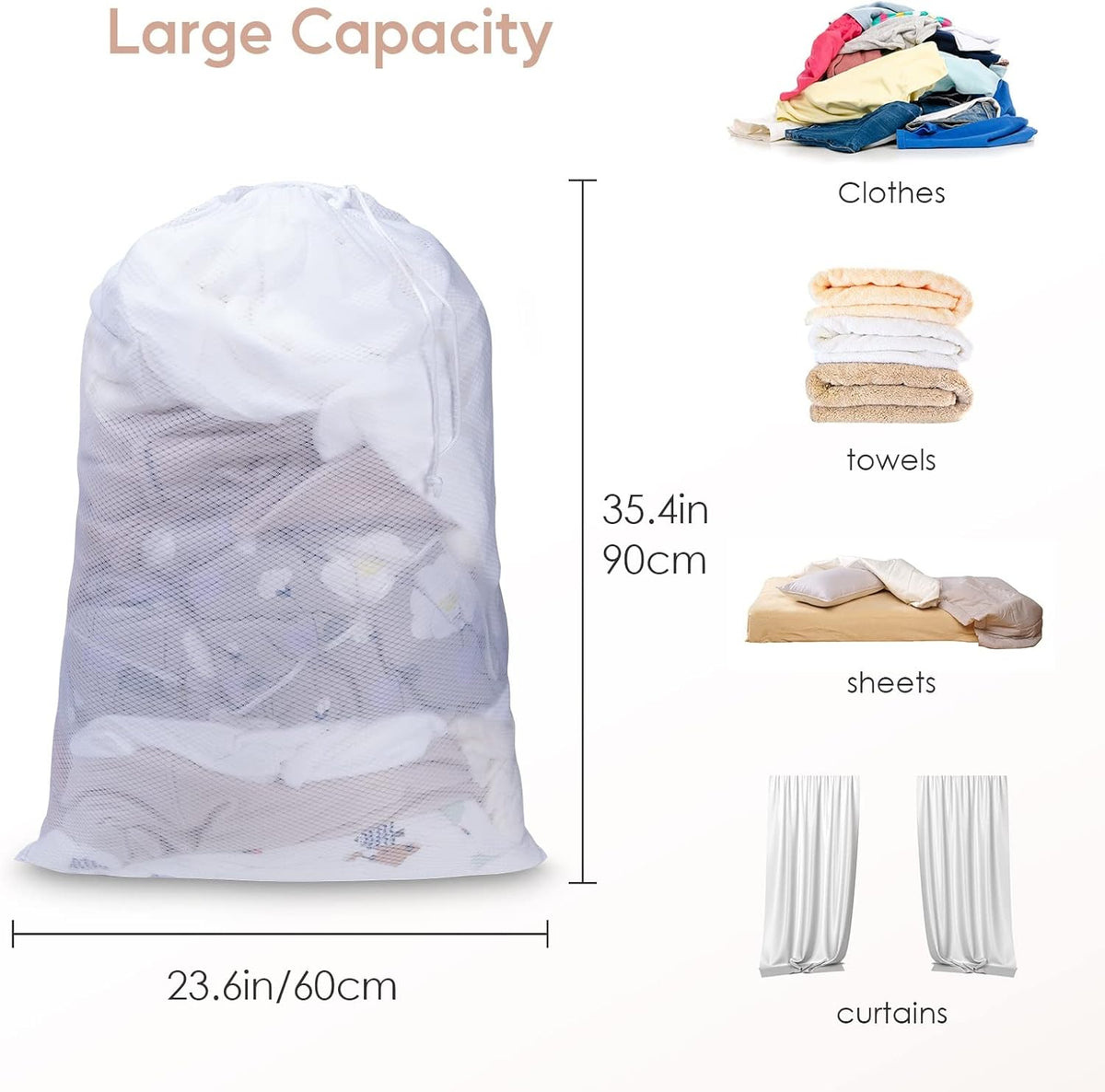 Meowoo Large Mesh Laundry Bag, 24×36inch Heavy Duty Mesh Laundry Bags Drawstring Lockable, Laundry Hamper Liner, Machine Washable, for Travel,Storage, Sports Factories, Dorms, White 1pcs