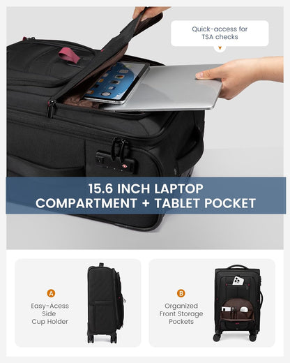 Carry On Luggage Airline Approved, Suitcases with Spinner Wheels, Softside Carry-on Luggage with TSA Lock for Men Women Business Trip, Lightweight Large Capacity Luggage for Travel, Grey