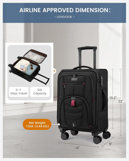 Carry On Luggage Airline Approved, Suitcases with Spinner Wheels, Softside Carry-on Luggage with TSA Lock for Men Women Business Trip, Lightweight Large Capacity Luggage for Travel, Grey