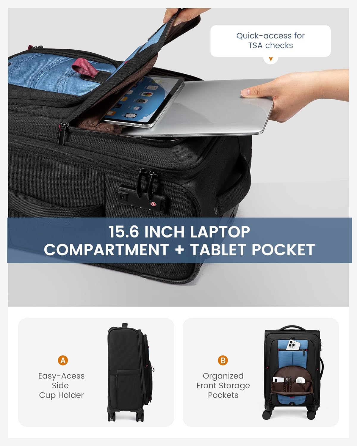Carry On Luggage Airline Approved, Suitcases with Spinner Wheels, Softside Carry-on Luggage with TSA Lock for Men Women Business Trip, Lightweight Large Capacity Luggage for Travel, Grey
